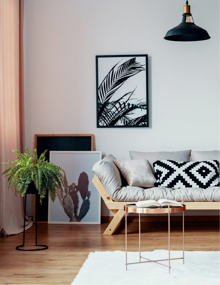 living room with floor length sheer curtains