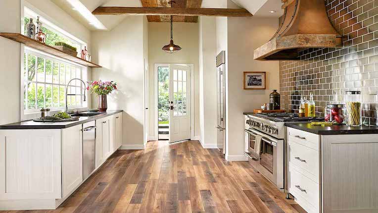 wood look laminate flooring in a rustic kitchen