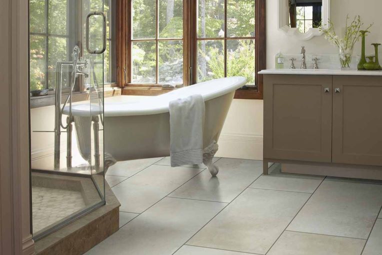 large rectangle tile flooring in a stylish bathroom